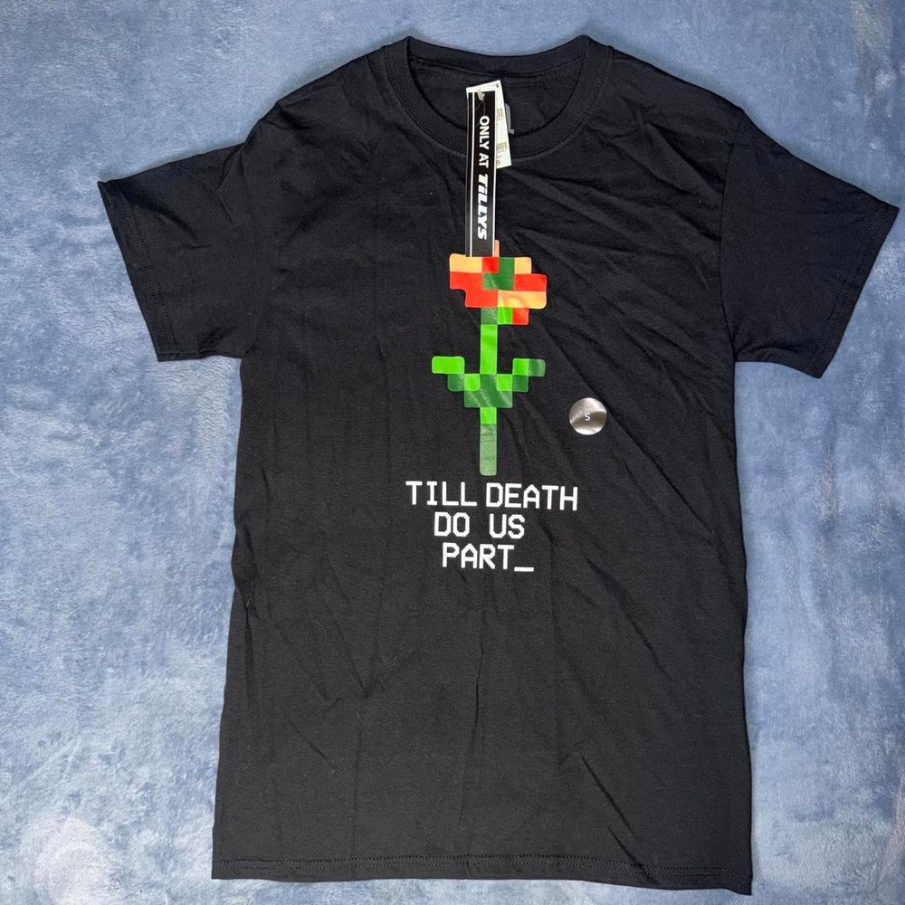 Tillys black graphic tee with pixelated rose and 'TILL DEATH DO US PART'